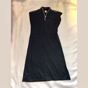 60s Notched Cap Sleeve Shirtwaist Navy Blue Dress with White Polka Dots